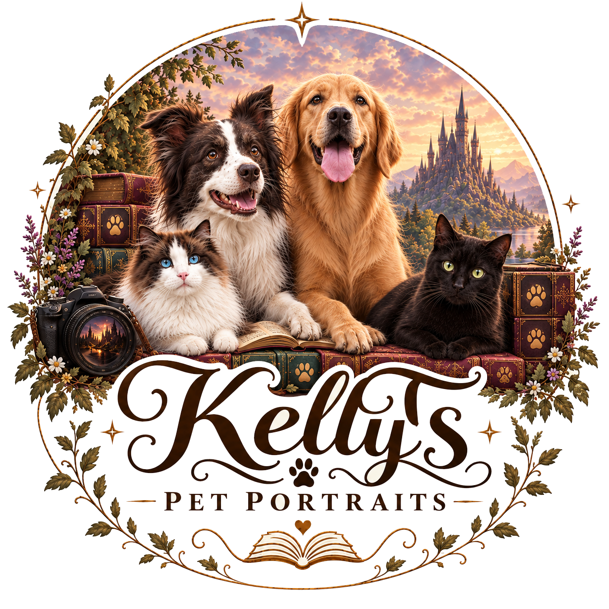 Kelly's Pet Portraits — een border collie, een golden retriever en twee katten tussen sprookjesboeken, met een kasteel bij zonsondergang